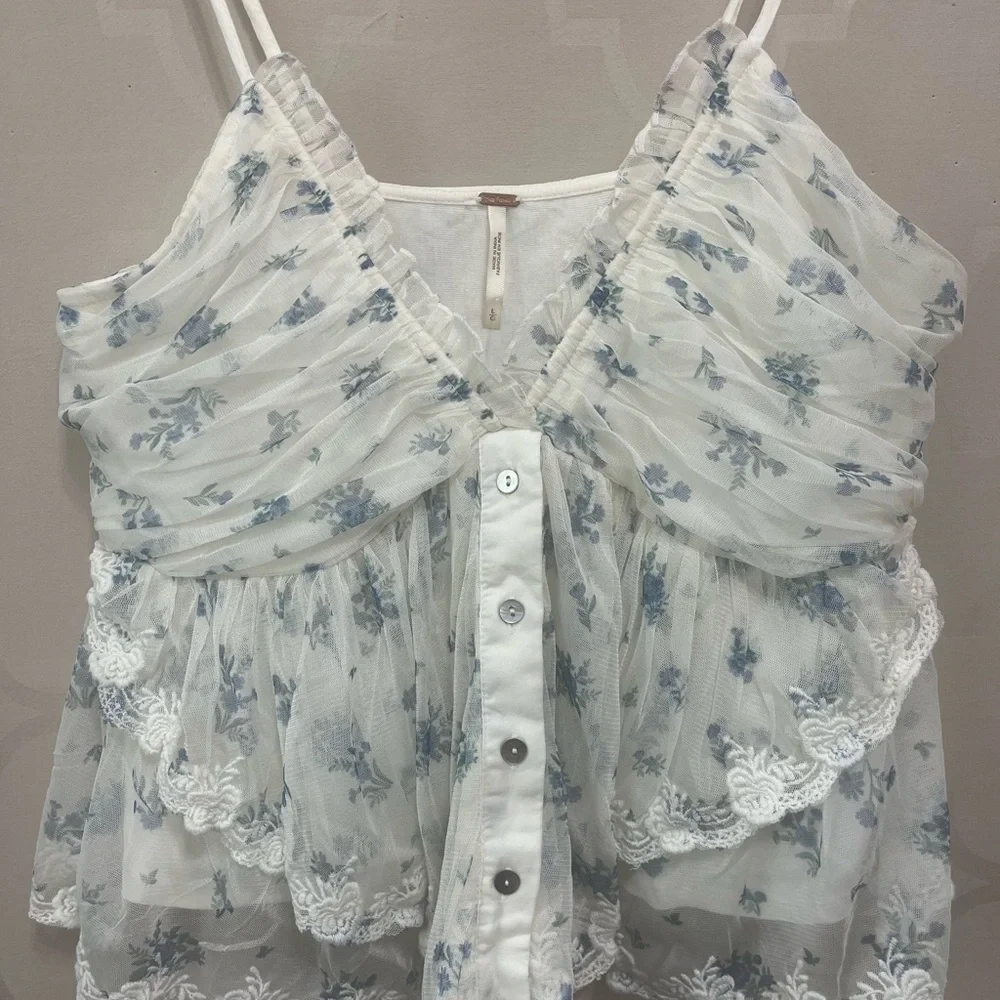 Free People White Sheer Floral Ruffle Button-Front Tank Top